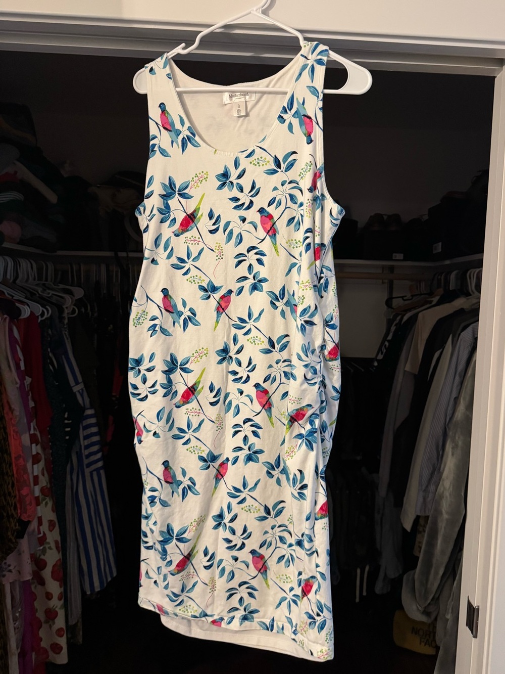 Motherhood Maternity White Midi Dress with Blue Leaf and Pink Bird Print